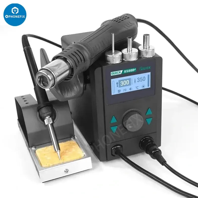 Phonefix QUICK 8586D+ BGA rework station with 2-in-1 hot air gun and lead-free soldering station for electronics repair.