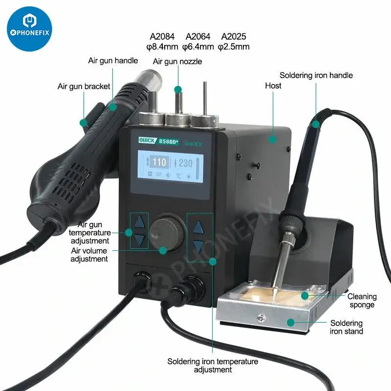 PhoneFix QUICK 8586D+ 2-in-1 hot air gun and lead-free soldering station used for BGA rework, shown with controls and nozzles.