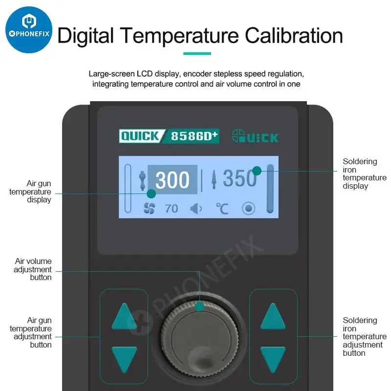 PHONEFIX QUICK 8586D+ BGA rework station with 2-in-1 hot air gun and lead-free soldering station in a compact design