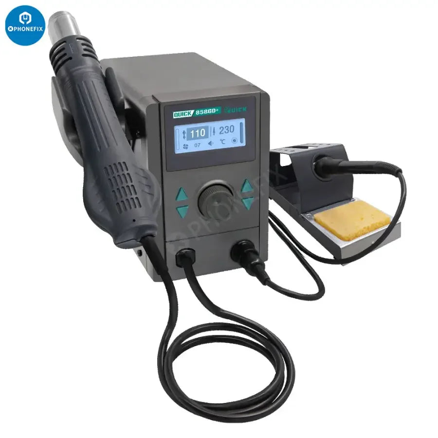 PhoneFix QUICK 8586D+ BGA rework station with 2-in-1 hot air gun and lead-free soldering station for electronic repairs.