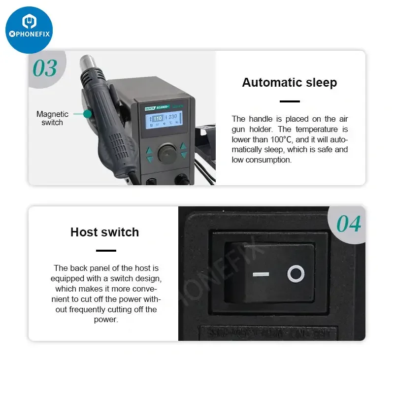 PhoneFix QUICK 8586D+ BGA rework station with 2-in-1 hot air gun and lead-free soldering station for electronics repair.