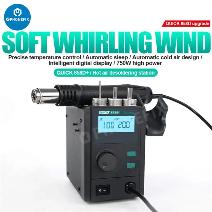 Quick 858D+ lead-free BGA rework station with 750W hot air gun for desoldering and electronic repair tasks.
