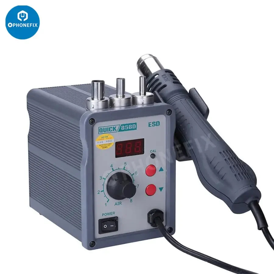 Quick 858D+ lead-free BGA rework station with 750W hot air gun for electronic soldering and desoldering tasks.