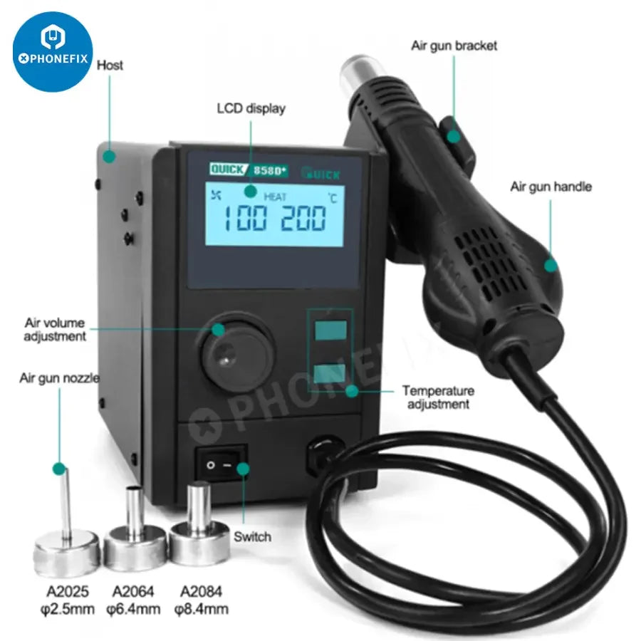Quick 858D+ BGA rework station with lead-free desoldering, 750W hot air gun for electronics repair.