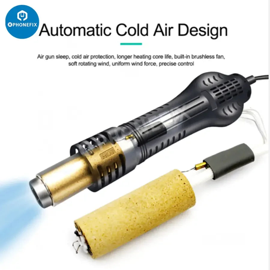 Quick 858D+ BGA rework station with lead-free desoldering, 750W hot air gun, PHONEFIX brand, for electronics repair.