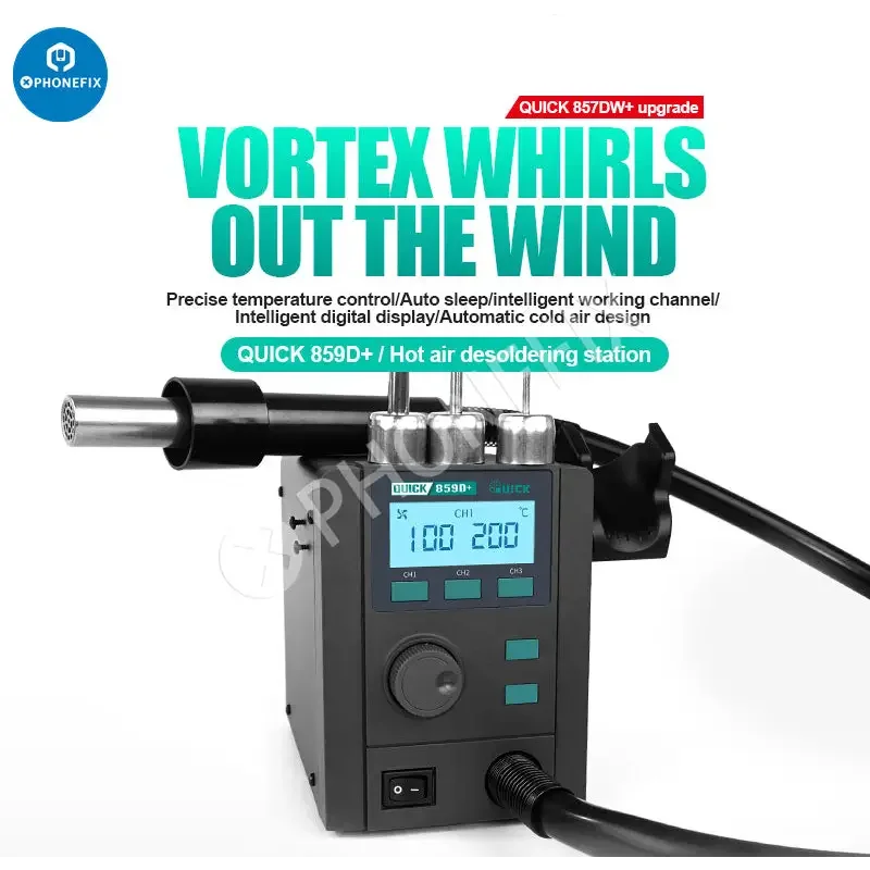 Quick 859D+ BGA rework station hot air gun for desoldering and motherboard repair, with digital controls and adjustable temperature.
