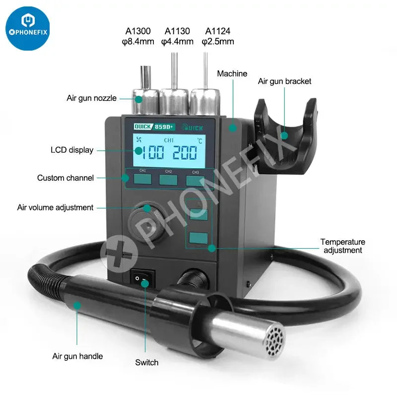 PHONEFIX Quick 859D+ BGA Rework Station with hot air gun and desoldering tools for electronics repair and BGA component removal.