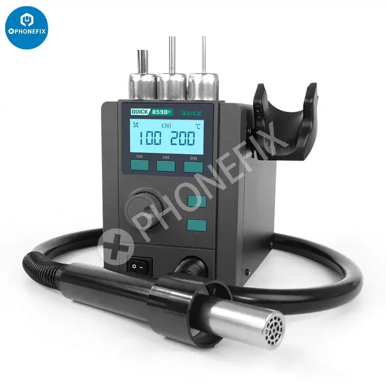 PHONEFIX Quick 859D+ BGA Rework Station with hot air gun and desoldering tools for electronics repair and rework.