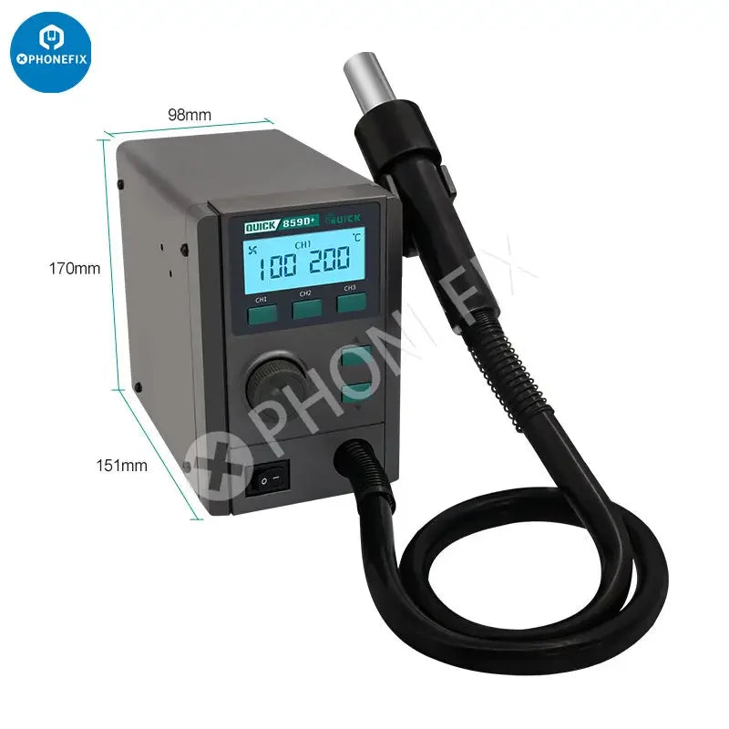 Phonefix Quick 859D+ BGA rework station with hot air gun for desoldering and reworking circuit boards.