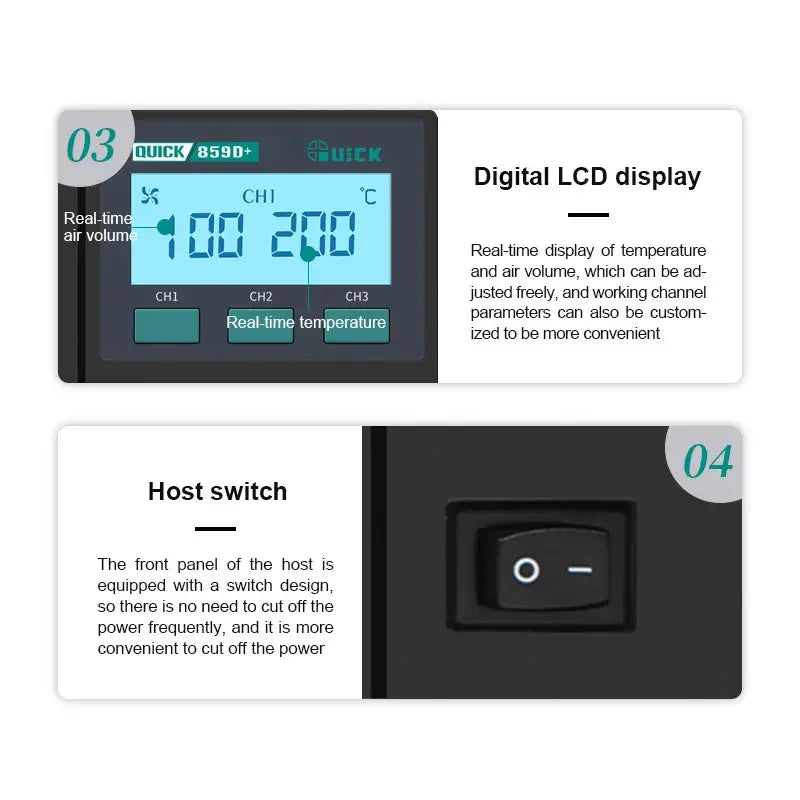 Quick 859D+ BGA Rework Station by PHONEFIX featuring hot air gun and desoldering tools for electronics repair.
