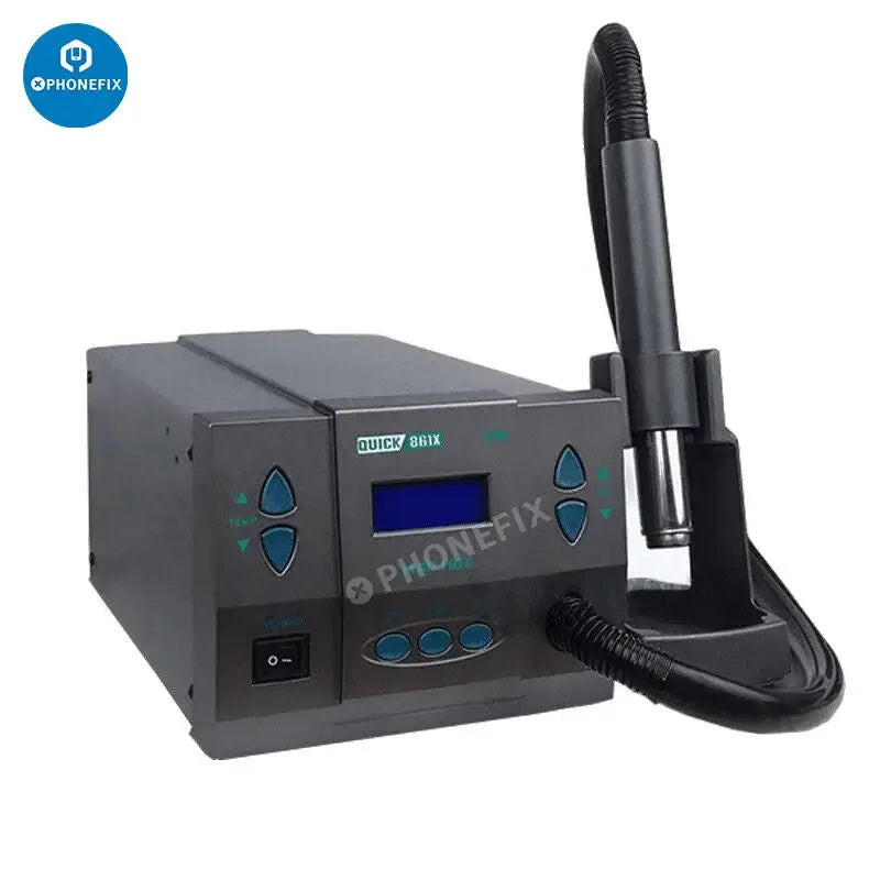 Quick 861X 1300W hot air gun BGA desoldering rework station by PHONEFIX, with digital controls and ergonomic design for electronics repair.