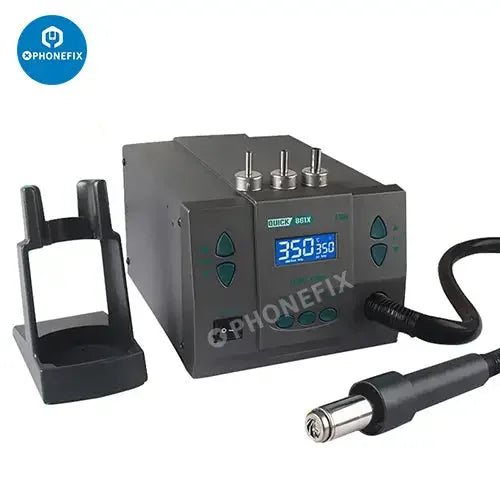 Station de dessoudage BGA à air chaud PHONEFIX Quick 861X 1300W pour la réparation électronique, avec commandes numériques et débit d'air réglable.