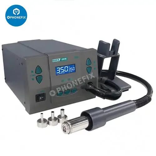 Station de dessoudage et de réparation BGA Quick 861X 1300W à air chaud de PHONEFIX, présentant l'outil à air chaud compact et le panneau de commande.