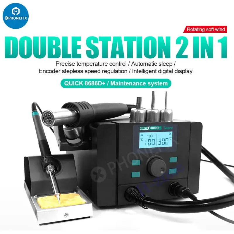 QUICK 8686D+ BGA rework station with soldering iron and hot air gun, PHONEFIX brand, for electronics repair and rework.