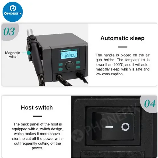 PHONEFIX QUICK 8686D+ BGA rework station with 2-in-1 soldering iron and hot air gun for electronic repair.