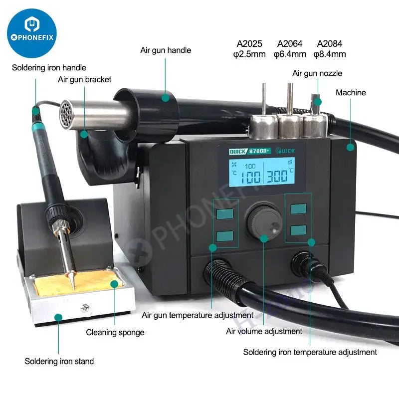 PHONEFIX QUICK 8786D+ 2-in-1 BGA rework station with hot air gun for de-soldering and rework tasks, featuring digital controls.