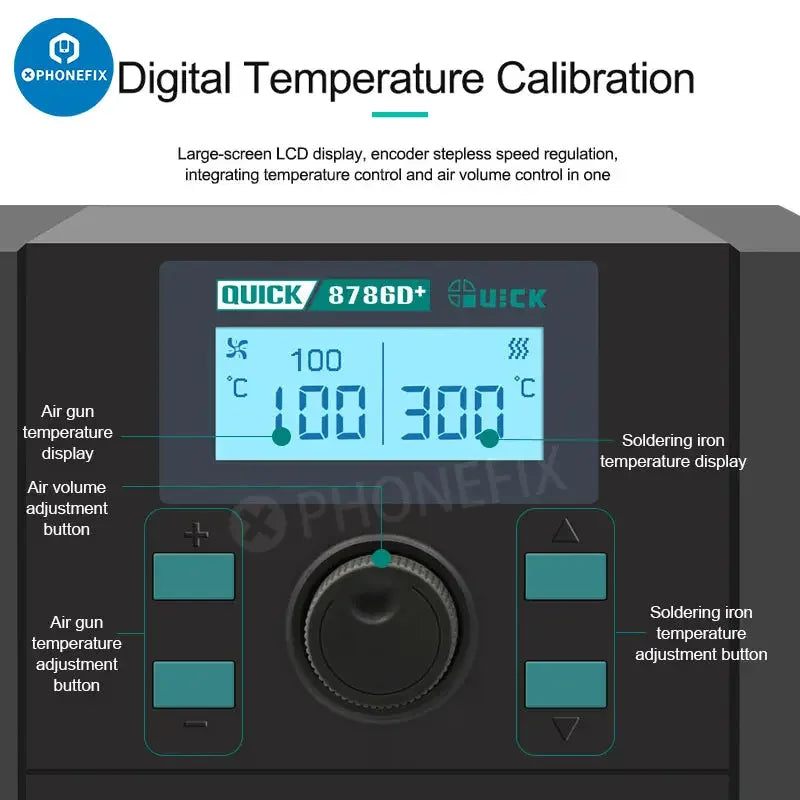 PhoneFix QUICK 8786D+ 2-in-1 BGA rework station with hot air gun for de-soldering and rework tasks, 110V model.