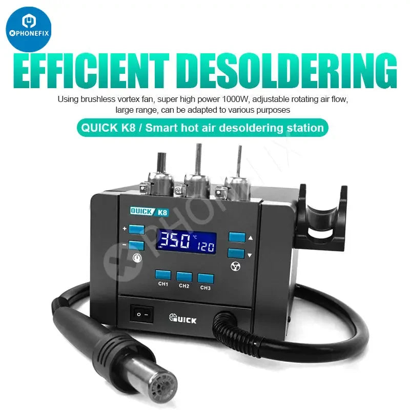 Quick K8 1000W lead-free smart hot air BGA rework station by PHONEFIX, used for desoldering and reworking circuit boards.