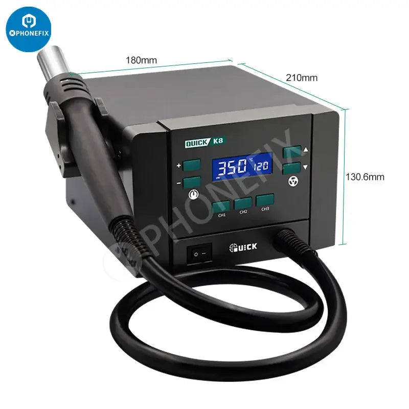PHONEFIX Quick K8 1000W lead-free smart hot air BGA rework station used for desoldering and reworking electronic components.
