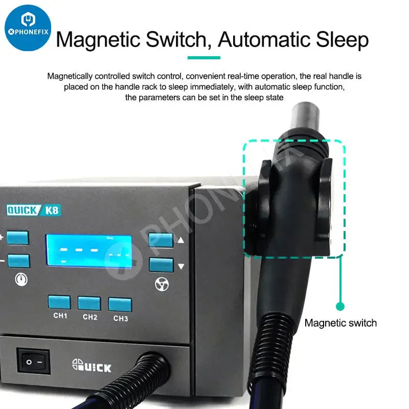 PHONEFIX Quick K8 1000W BGA rework station with lead-free smart hot air desoldering for electronics repair.