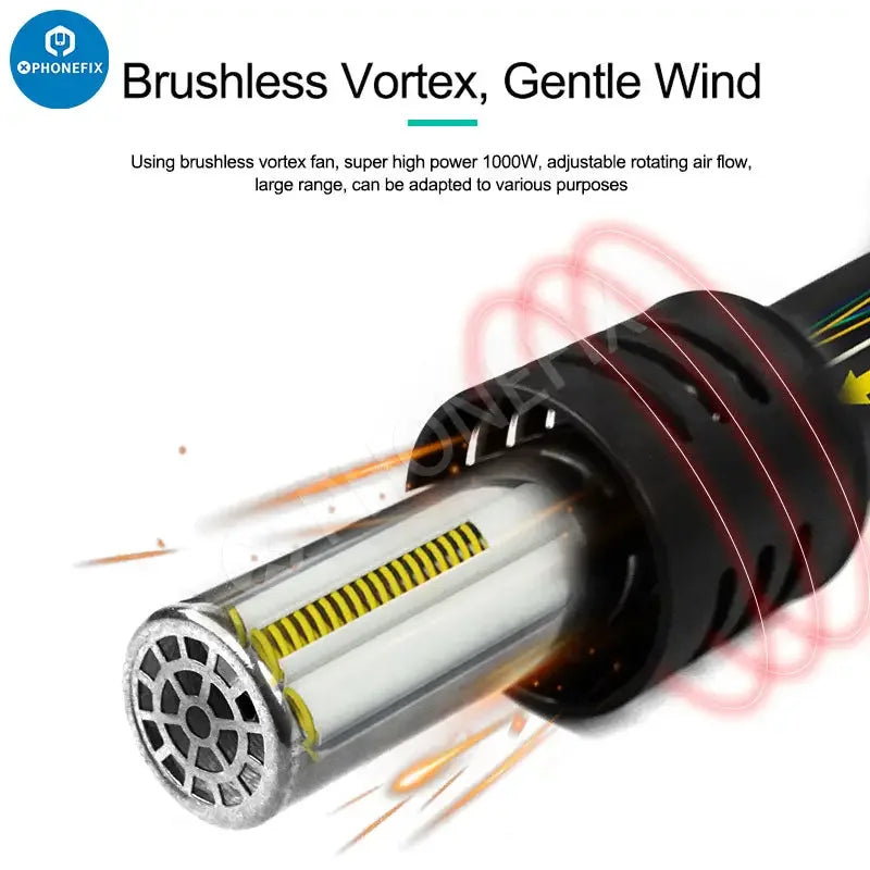 PHONEFIX Quick K8 1000W lead-free BGA rework station with hot air desoldering tools for electronic repair.