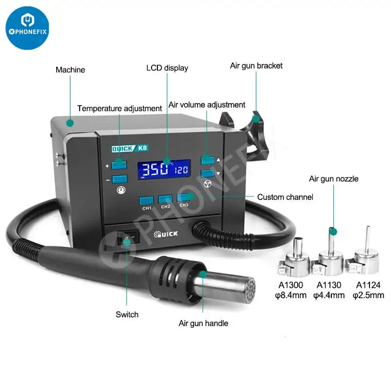 PhoneFix Quick K8 1000W BGA rework station with lead-free smart hot air for desoldering and reworking electronic components.