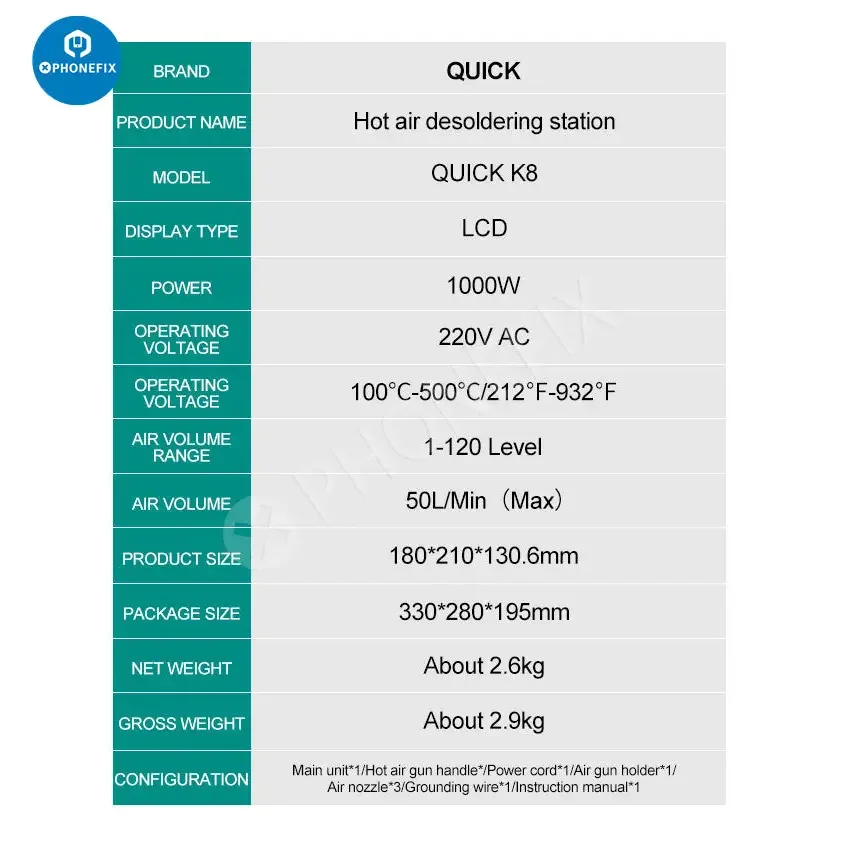 Phonefix Quick K8 BGA rework station with lead-free smart hot air desoldering tools for electronics repair, 110V model.