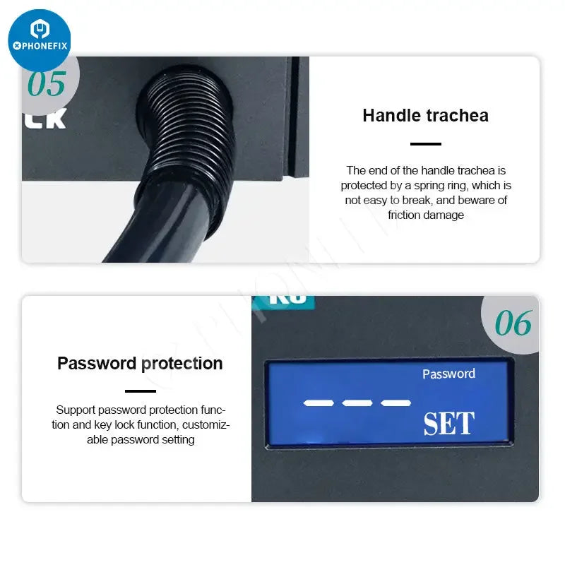 PhoneFix Quick K8 1000W lead-free smart hot air BGA rework station with digital controls and desoldering tools.
