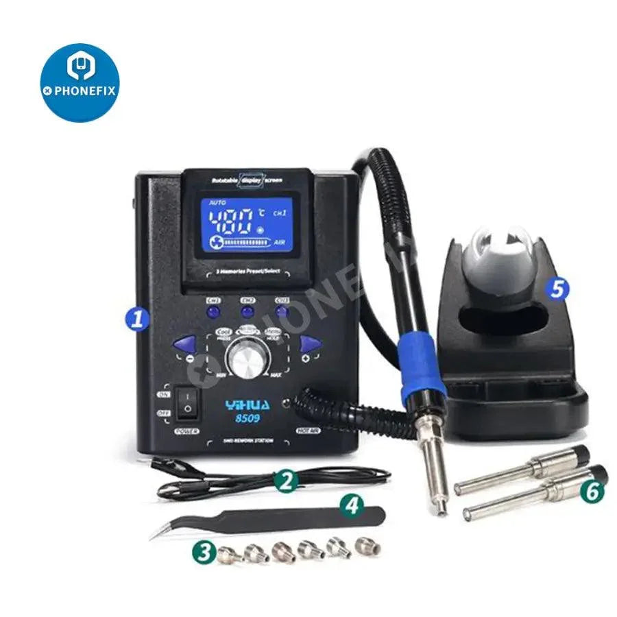 YIHUA 8509 micro adjustable hot air gun BGA rework station with nozzles, used for SMD soldering and rework tasks.