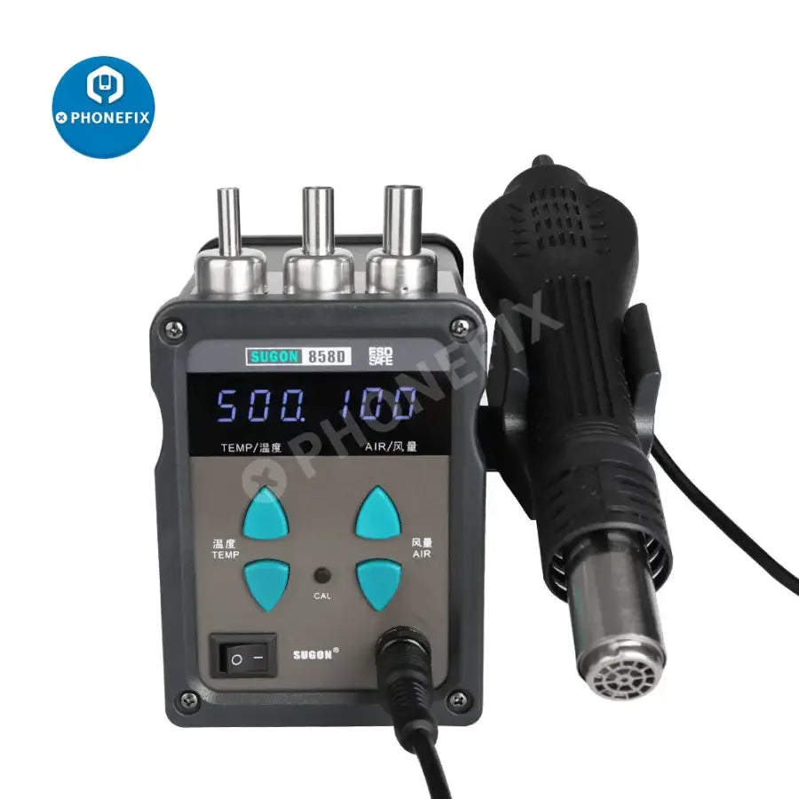 SUGON 858D BGA rework station with hot air gun for welding and soldering, featuring digital controls and professional-grade tools.