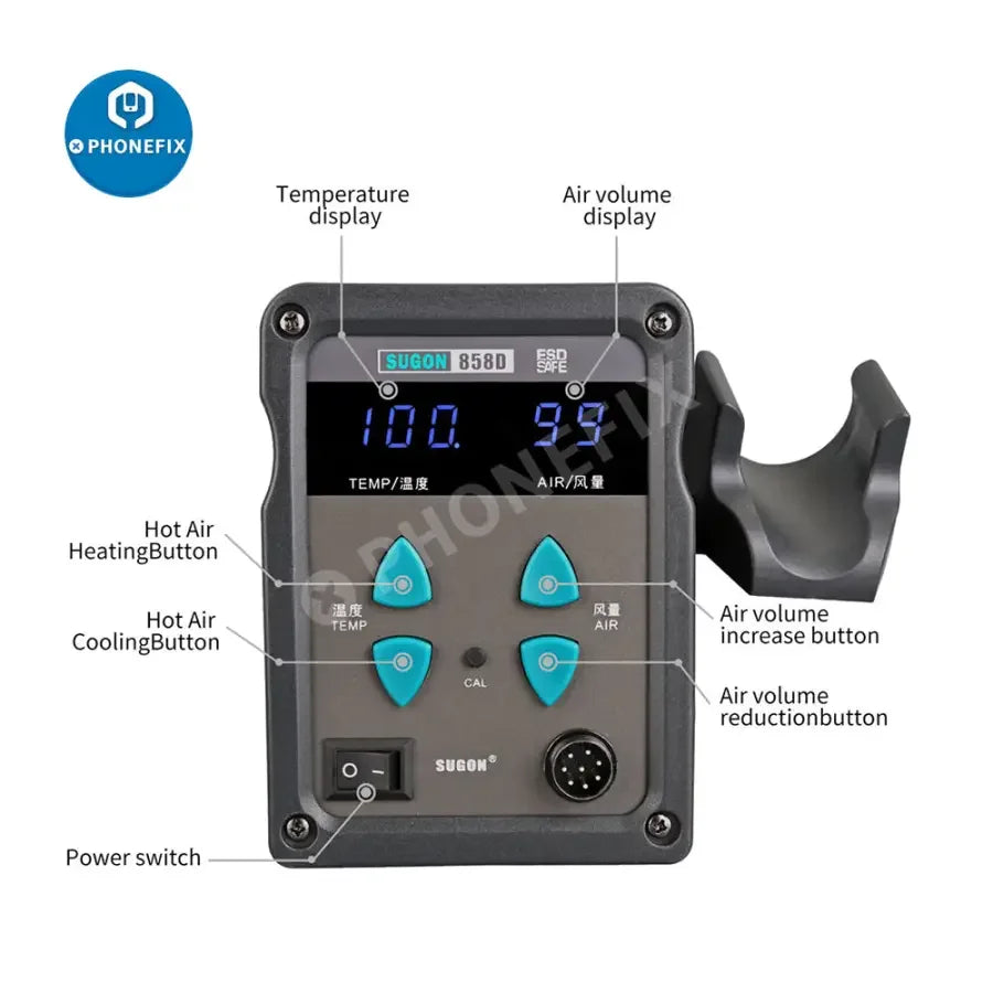PHONEFIX SUGON 858D BGA Rework Station with hot air gun for welding and soldering circuit boards, professional electronic repair tool