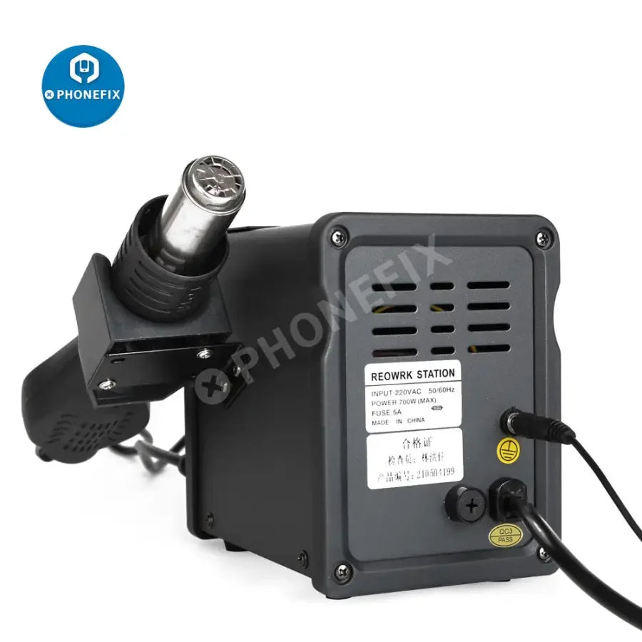 PhoneFix SUGON 858D BGA Rework Station with hot air gun for welding and soldering, compact design for electronics repair.