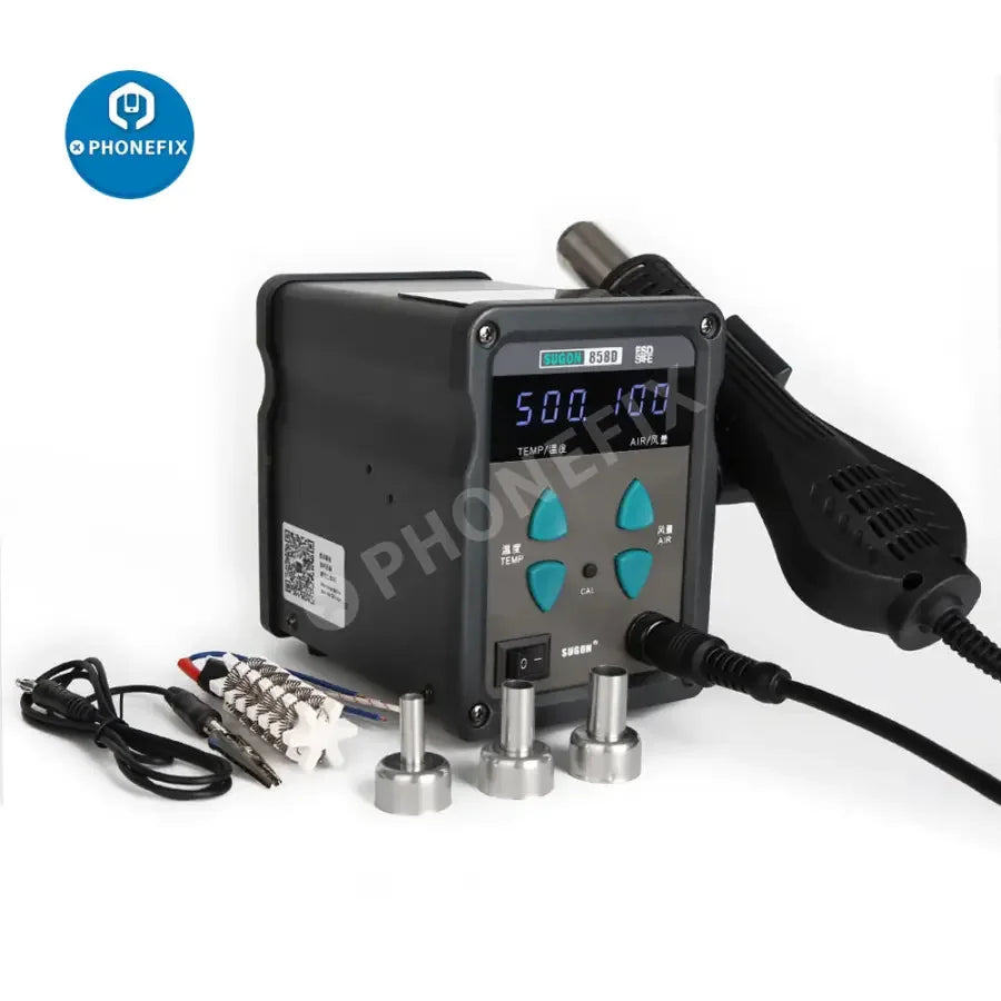 PHONEFIX SUGON 858D BGA Rework Station with hot air gun for welding and soldering, featuring digital controls and professional-grade tools.