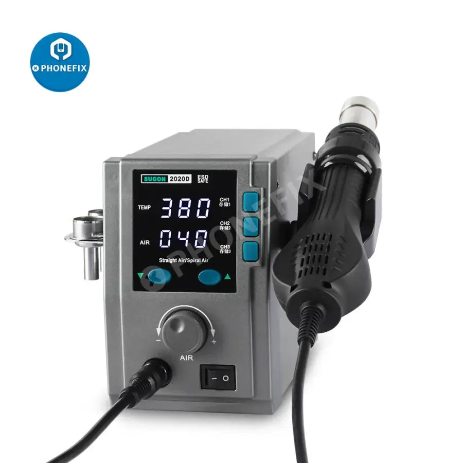 PHONEFIX SUGON 858D BGA Rework Station with hot air gun for welding and soldering electronic components.