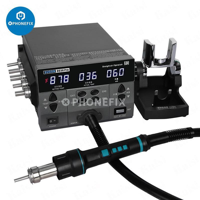 Sugon 8630Pro BGA rework station with hot air gun for electronics repair, branded by PHONEFIX, featuring digital controls and adjustable airflow.