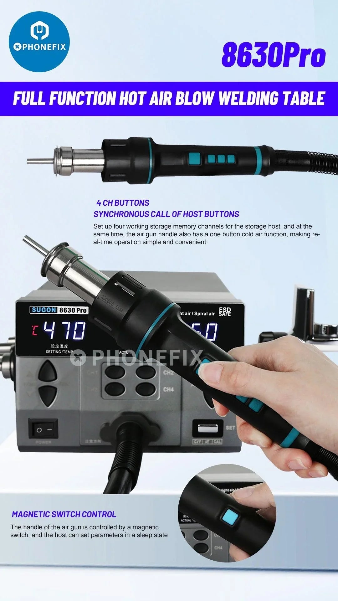 Sugon 8630Pro BGA rework station with hot air gun for electronic repairs, branded by PHONEFIX, shown with control panel and tools.