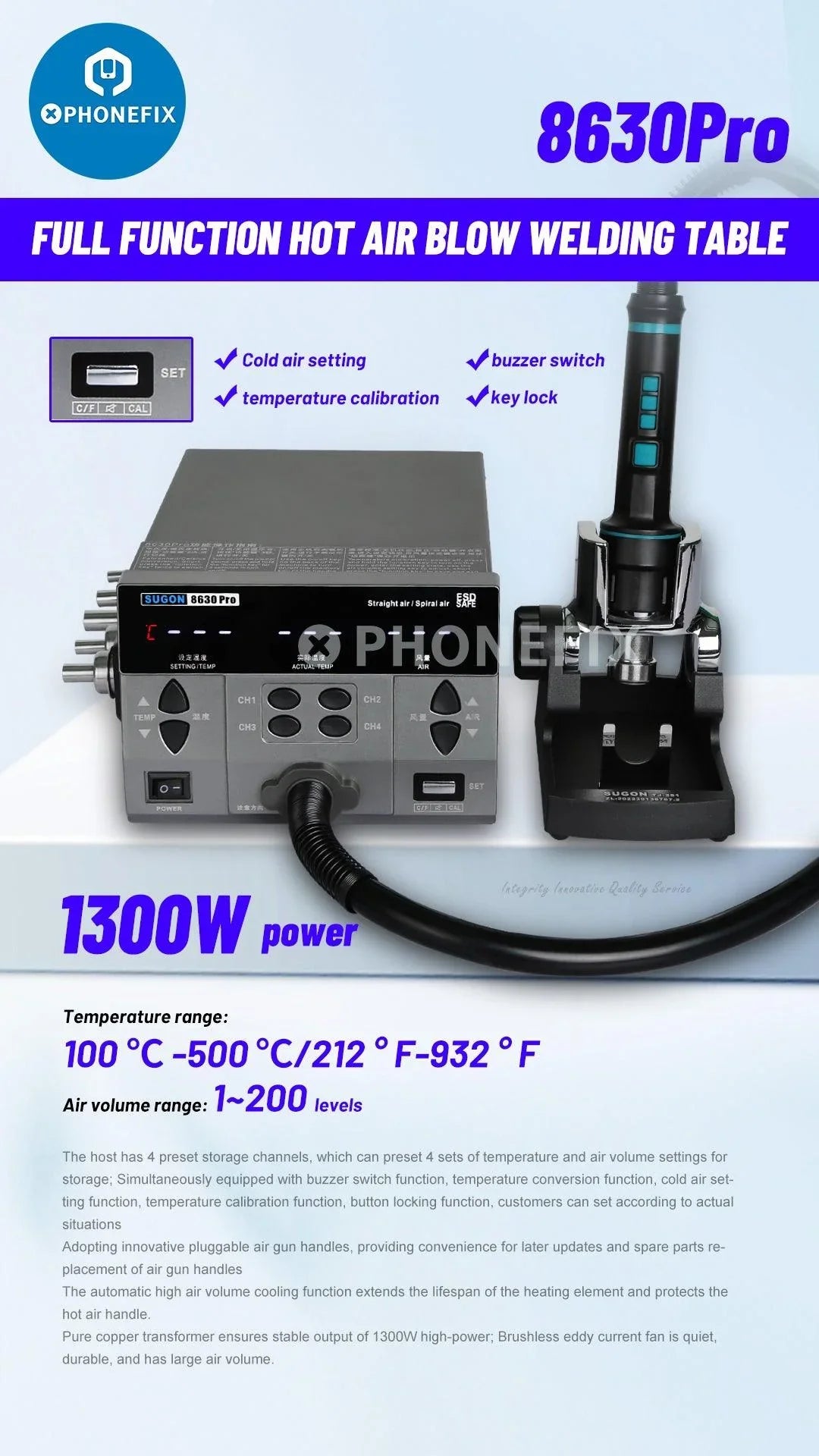 Sugon 8630Pro Intelligent Hot Air Gun BGA Rework Station by PHONEFIX with display and control panel for electronics repair
