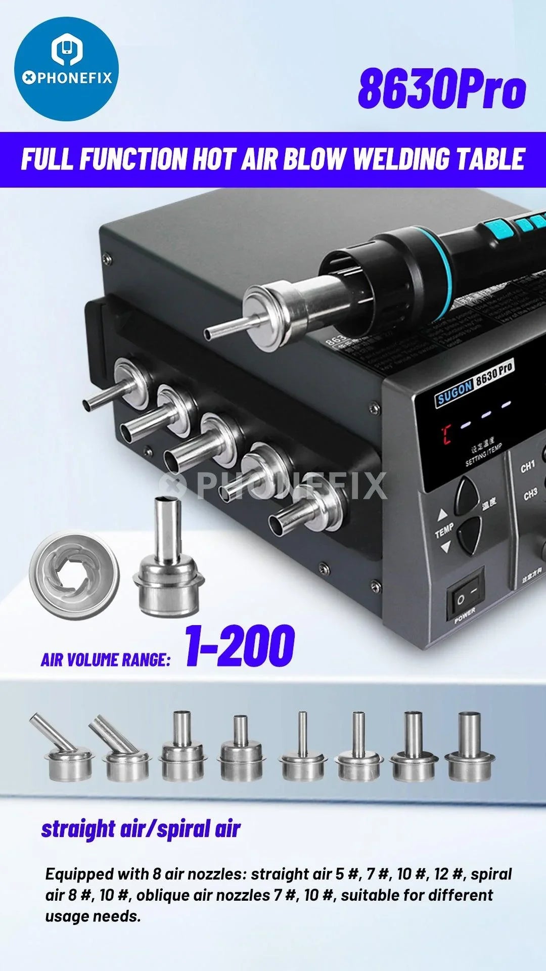 Sugon 8630Pro intelligent hot air gun BGA rework station with digital controls and adjustable temperature for precise PCB repair.
