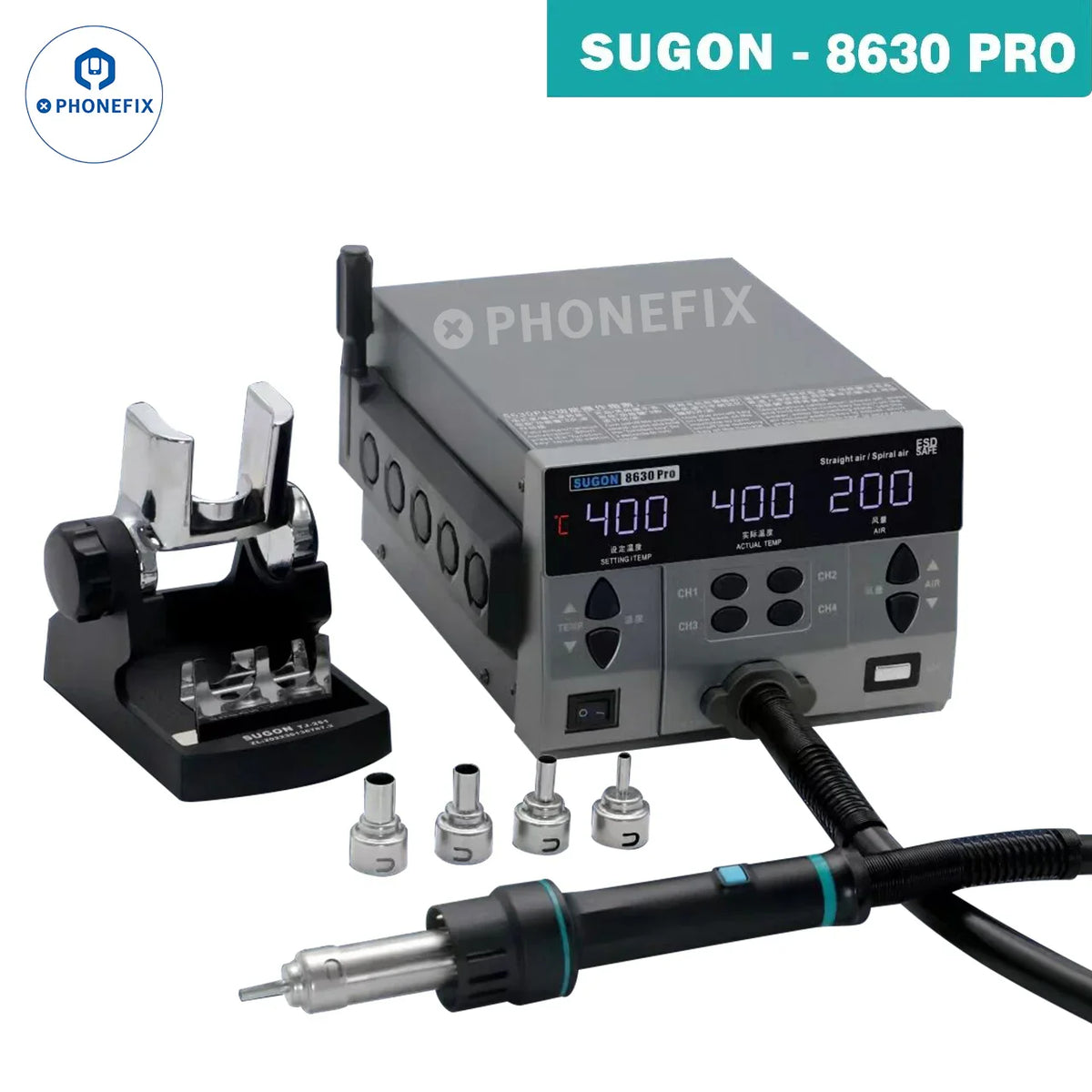 Sugon 8630Pro BGA rework station with hot air gun for electronics repair, featuring digital controls and professional-grade tools.
