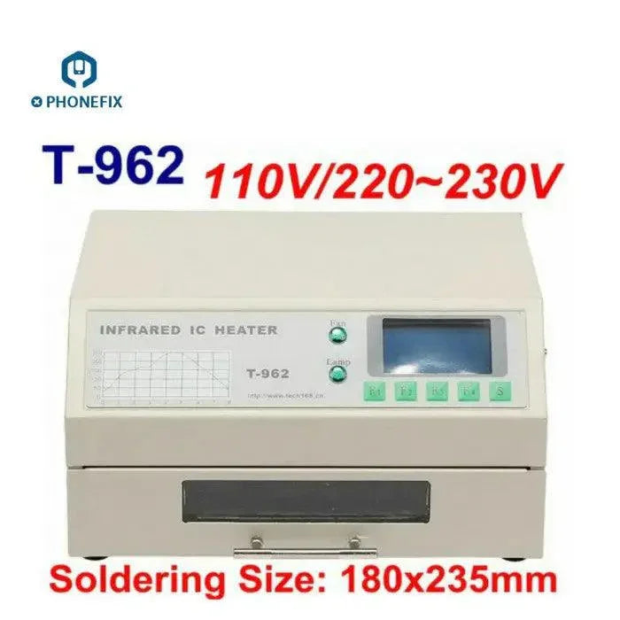 T962 A C reflow oven with infrared IC heater, SMD and BGA rework station by PHONEFIX, showing the equipment and control panel.