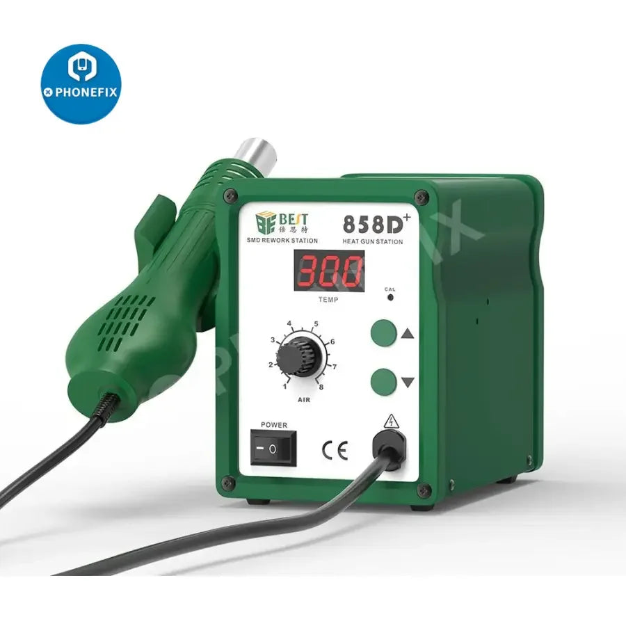 PHONEFIX BST-858D+ hot air gun rework soldering station for phone repair, with control knobs and digital display for BGA rework.