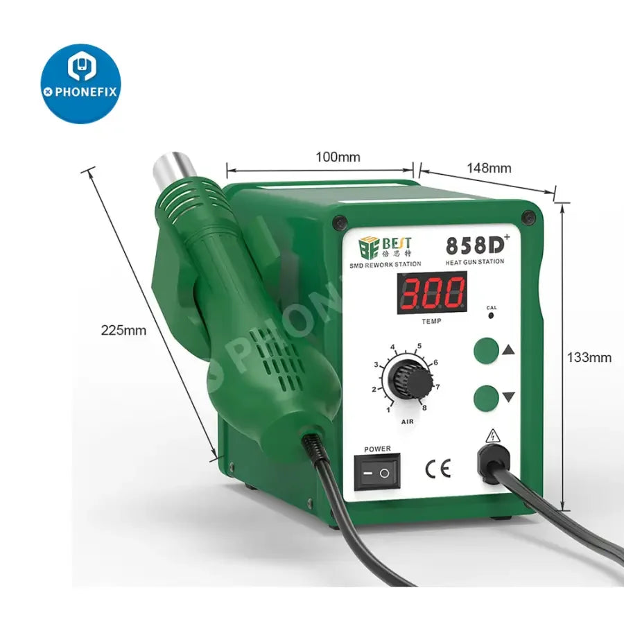 PHONEFIX BST-858D+ BGA rework station with hot air gun for phone repair, featuring control panel and heating nozzle.