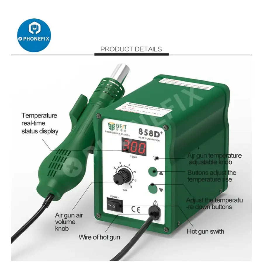 PhoneFix BST-858D+ BGA rework station with hot air gun for phone repair, featuring control panel and 110V US plug.