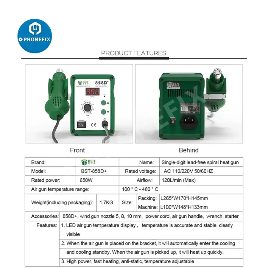 PhoneFix BST-858D+ BGA Rework Station with hot air gun for phone repair, showcasing control panel and hot air nozzle.