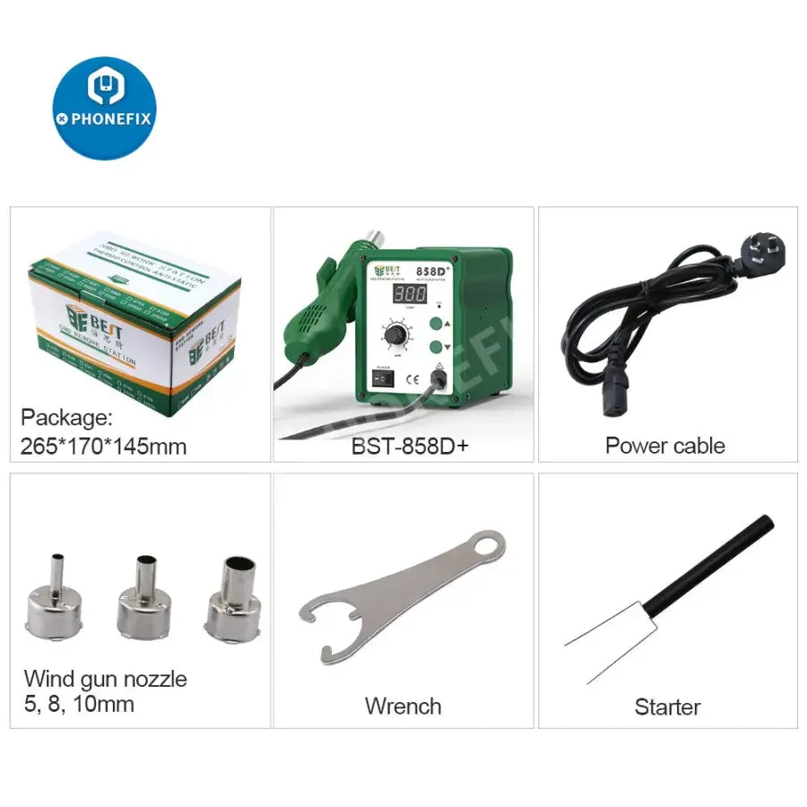 PhoneFix BST-858D+ BGA rework station with hot air gun for phone repair, featuring digital controls and 110V US plug.