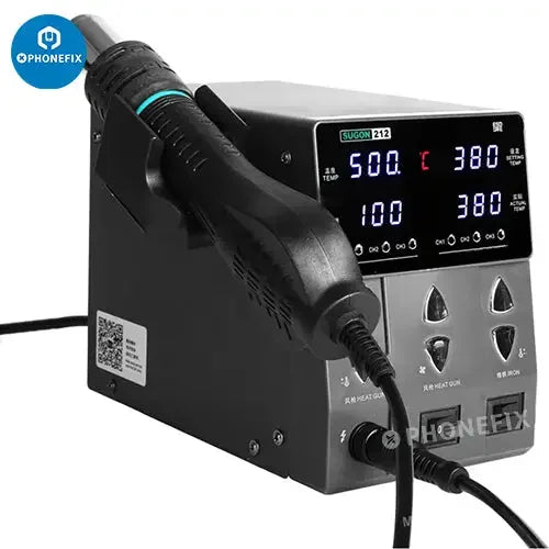 Sugon 212 760W BGA rework station with hot air gun and soldering iron by PHONEFIX, featuring 110V US plug and adjustable controls.