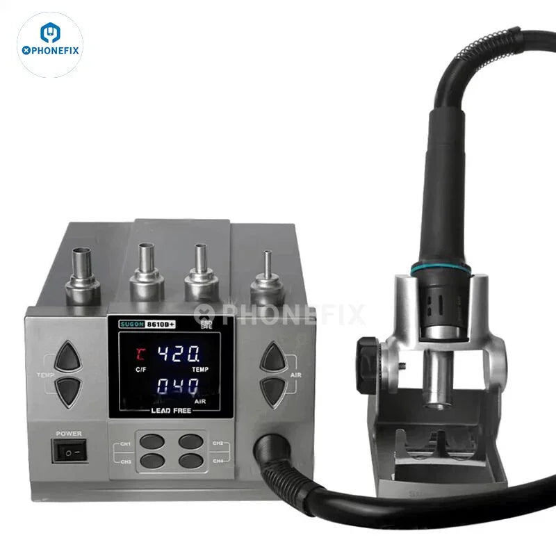 SUGON 8610D+ 1000W digital heat gun and BGA rework station with digital display and ergonomic handle, used for soldering and desoldering.