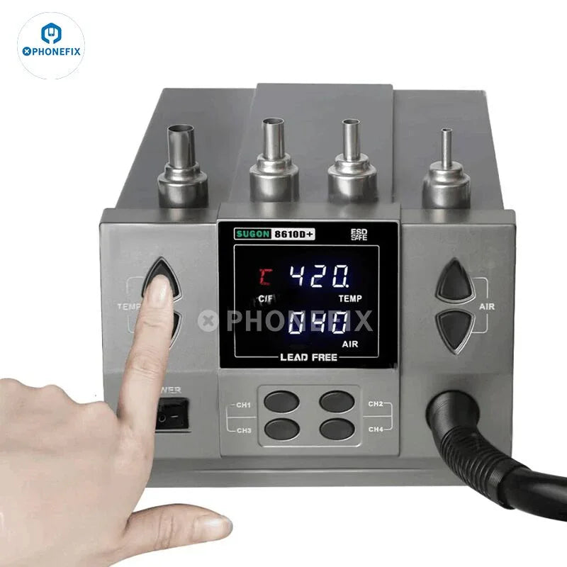 PhoneFix SUGON 8610D+ BGA Rework Station with 1000W digital display heat gun for desoldering and rework tasks.
