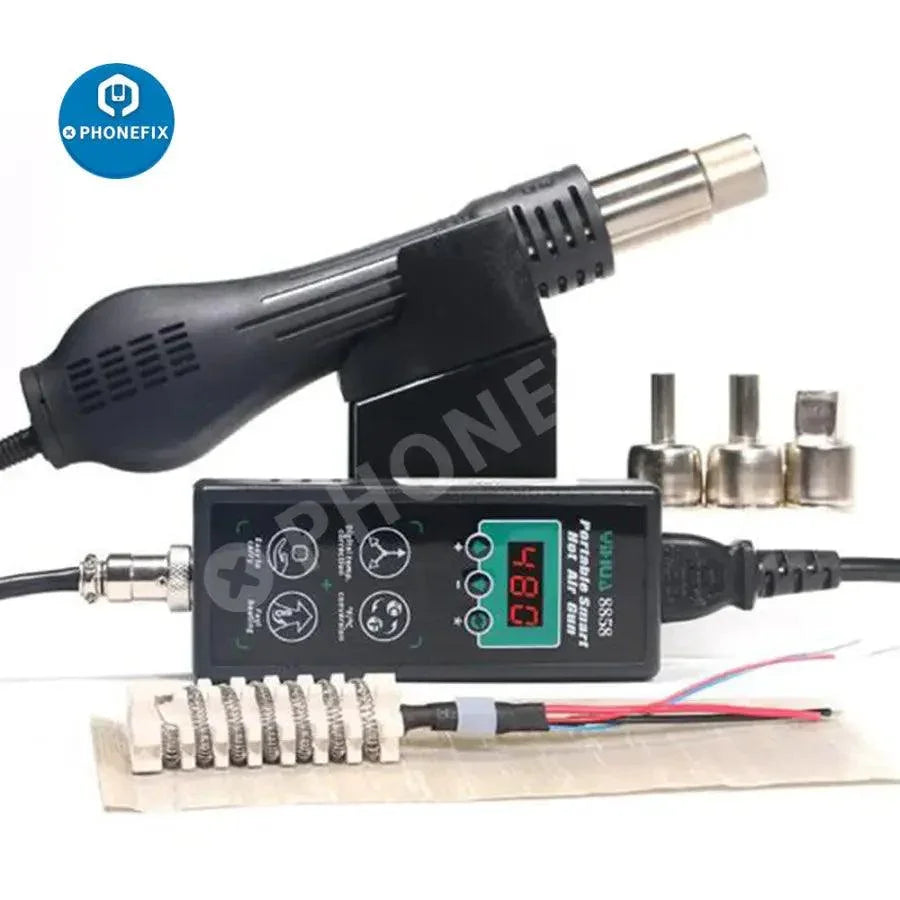 YIHUA 8858 BGA Rework Station with portable hot air gun, compact design for soldering and rework tasks, branded by PHONEFIX