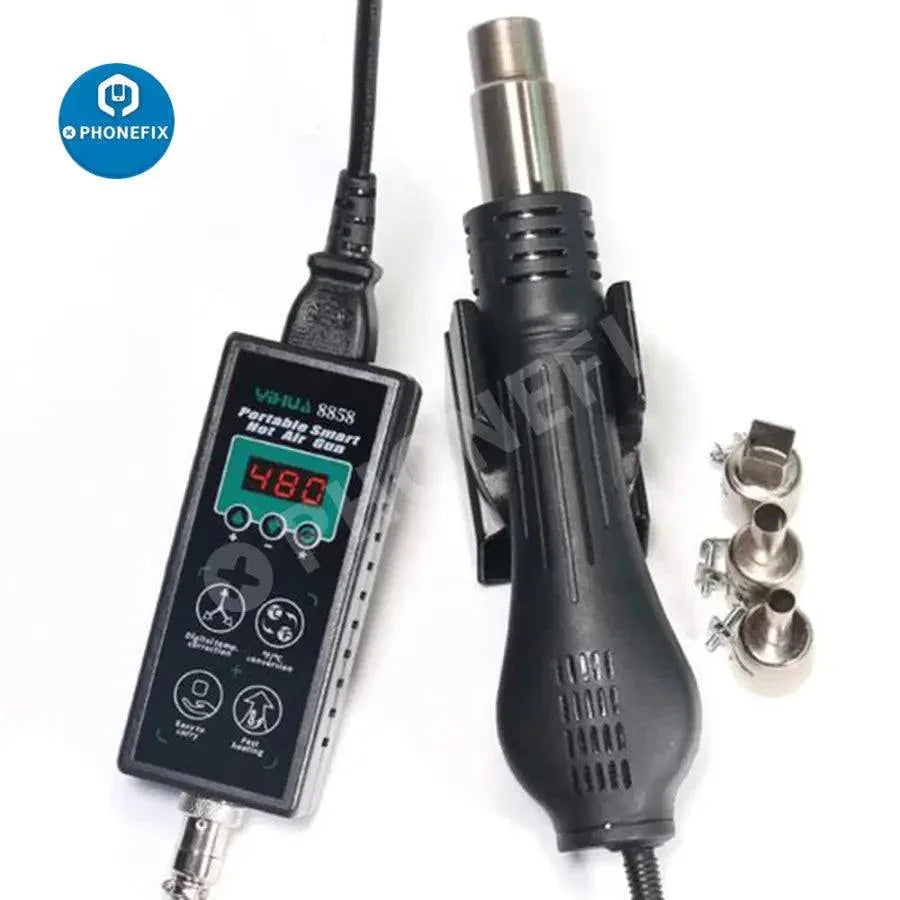 YIHUA 8858 BGA rework station with portable hot air gun for soldering and reworking electronic components, in a compact design.